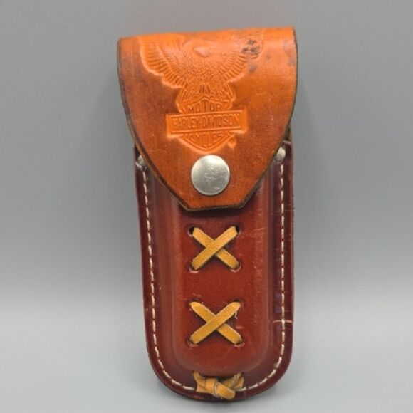 Harley-Davidson Brown and Orange Leather Bag with Cross-Stitch Design - Picture 5 of 17